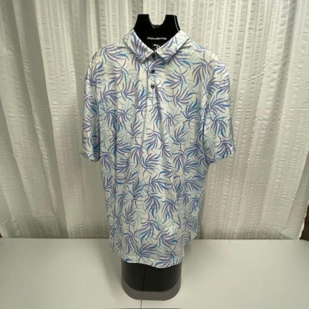 Nicklaus Golf Polo Mens XL White Blue Tropical Palm Print Performance Stretch